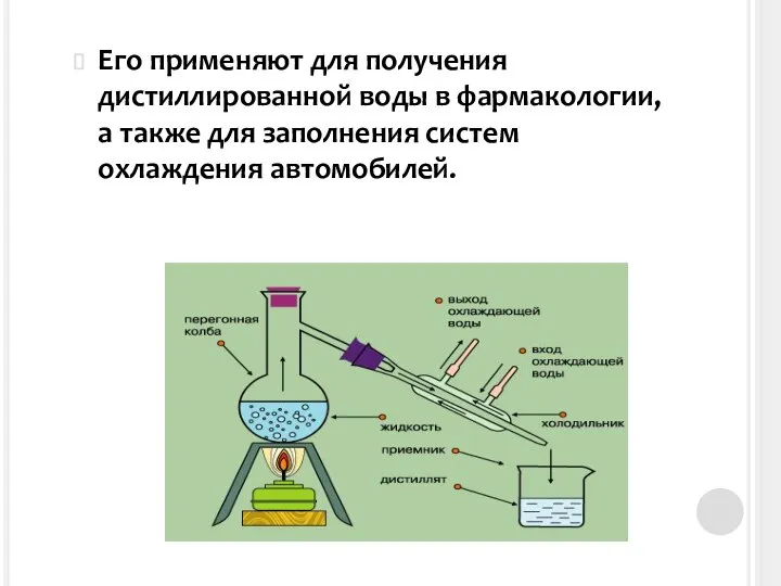 Его применяют для получения дистиллированной воды в фармакологии, а также для заполнения систем охлаждения автомобилей.