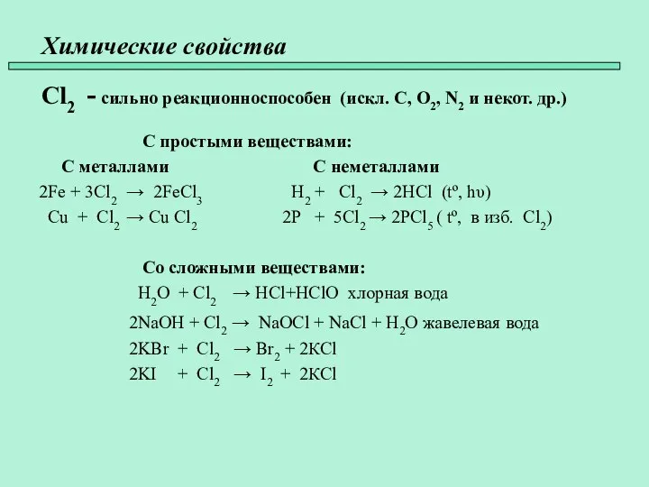 Химические свойства Cl2 - сильно реакционноспособен (искл. C, O2, N2 и
