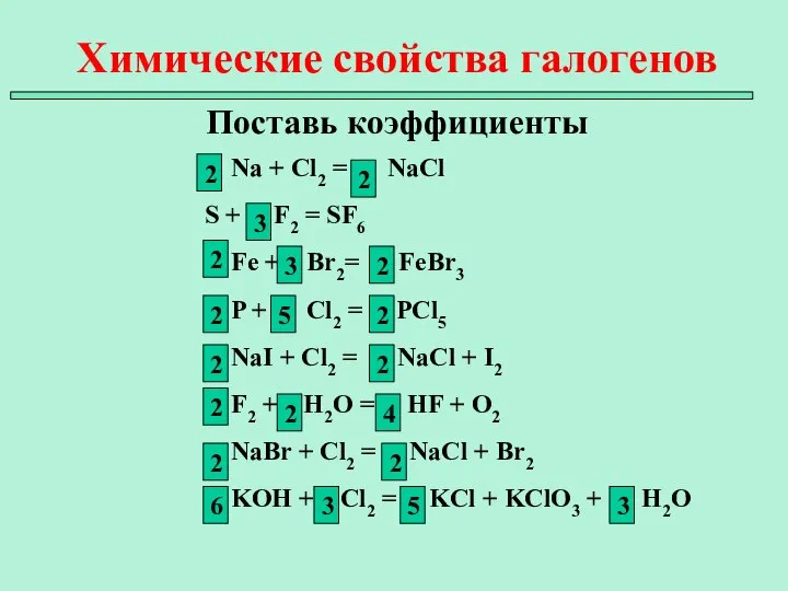 Химические свойства галогенов Поставь коэффициенты Na + Cl2 = NaCl S