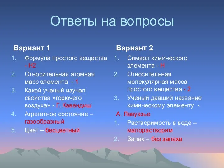 Ответы на вопросы Формула простого вещества - Н2 Относительная атомная масс