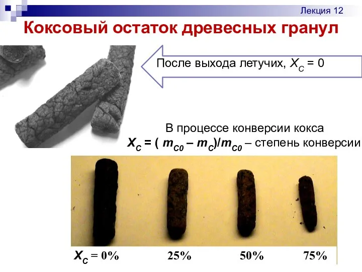 Коксовый остаток древесных гранул В процессе конверсии кокса ХС = (