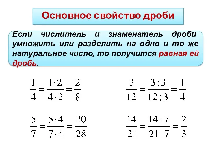 Основное свойство дроби Если числитель и знаменатель дроби умножить или разделить