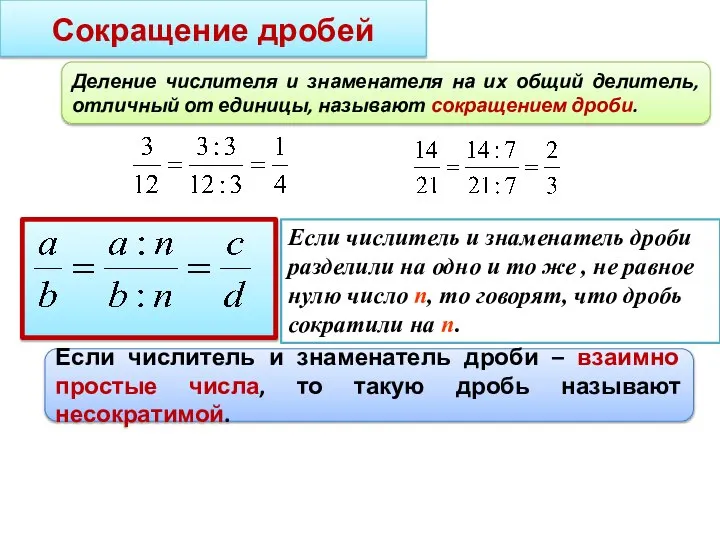 Сокращение дробей Деление числителя и знаменателя на их общий делитель, отличный