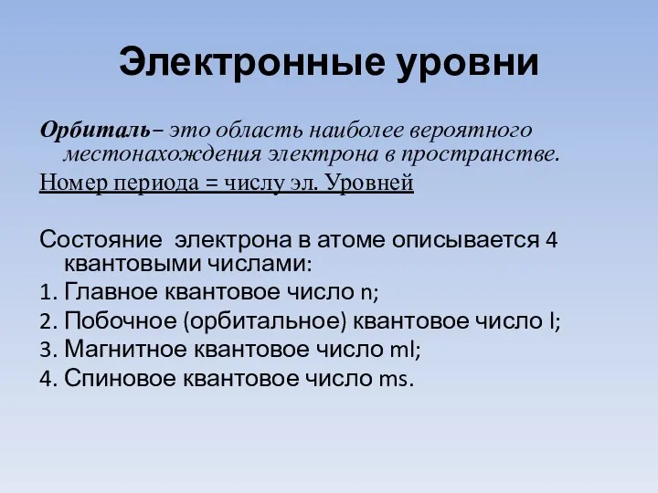 Электронные уровни Орбиталь– это область наиболее вероятного местонахождения электрона в пространстве.