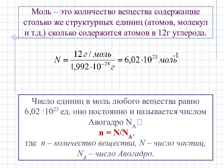 Моль – это количество вещества содержащие столько же структурных единиц (атомов,