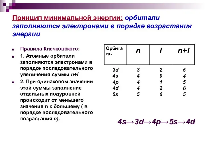 Принцип минимальной энергии: орбитали заполняются электронами в порядке возрастания энергии Правила