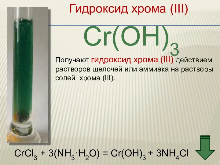 Гидроксид хрома (III) Cr(OH)3 Получают гидроксид хрома (III) действием растворов щелочей