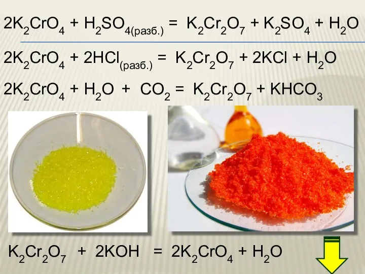 2K2CrO4 + H2SO4(разб.) = K2Cr2O7 + K2SO4 + H2O K2Cr2O7 +