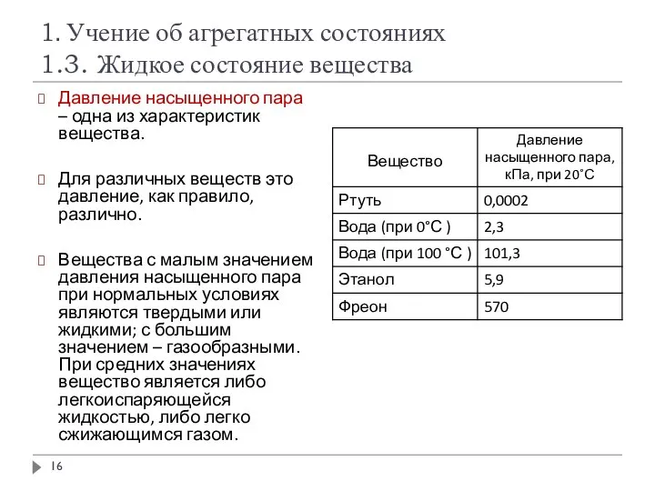 1. Учение об агрегатных состояниях 1.3. Жидкое состояние вещества Давление насыщенного