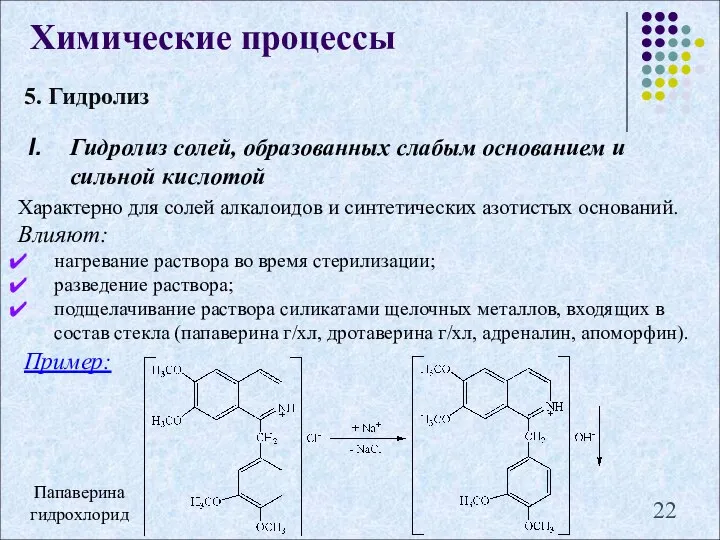 5. Гидролиз Химические процессы Характерно для солей алкалоидов и синтетических азотистых