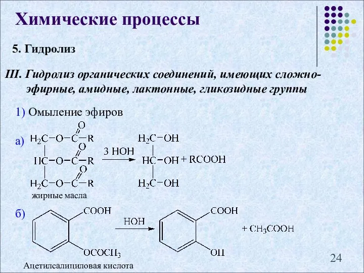 III. Гидролиз органических соединений, имеющих сложно-эфирные, амидные, лактонные, гликозидные группы Химические