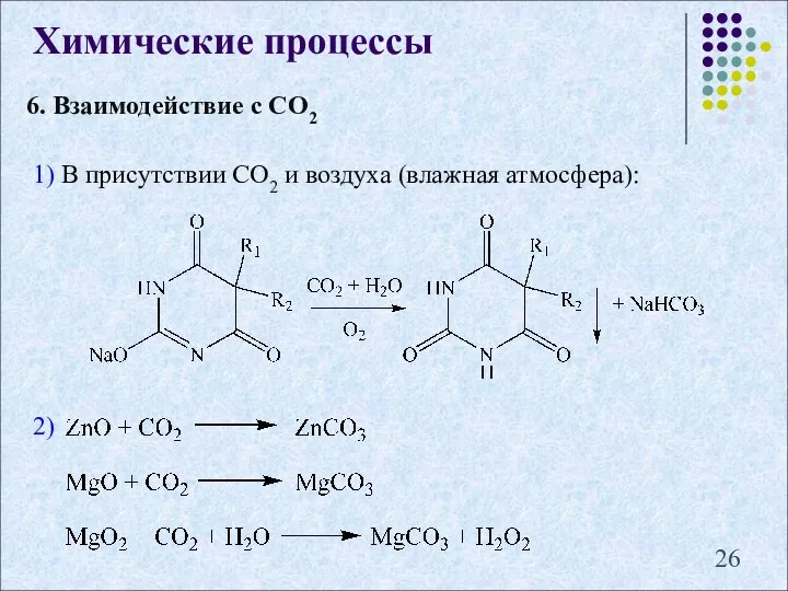 6. Взаимодействие с СО2 Химические процессы 1) В присутствии СО2 и воздуха (влажная атмосфера): 2)