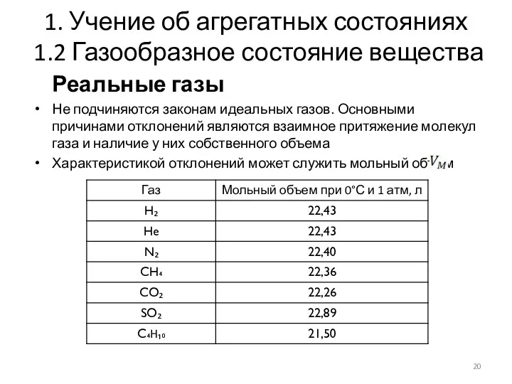 1. Учение об агрегатных состояниях 1.2 Газообразное состояние вещества Реальные газы