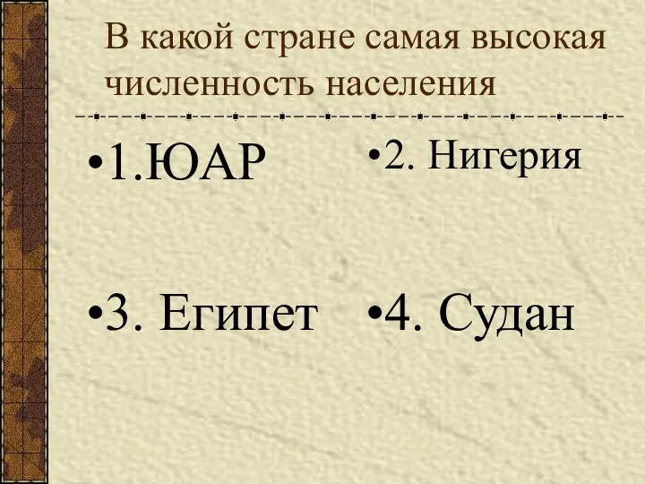 В какой стране самая высокая численность населения 1.ЮАР 2. Нигерия 3. Египет 4. Судан