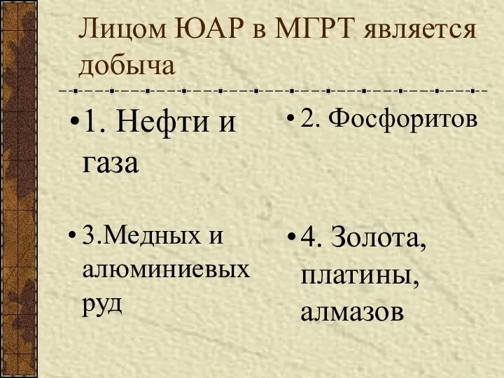 Лицом ЮАР в МГРТ является добыча 1. Нефти и газа 2.