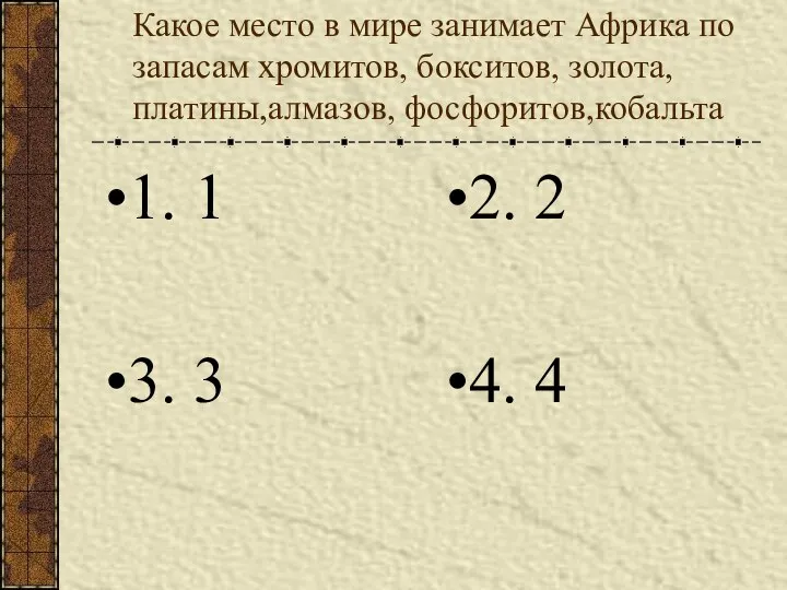 Какое место в мире занимает Африка по запасам хромитов, бокситов, золота,