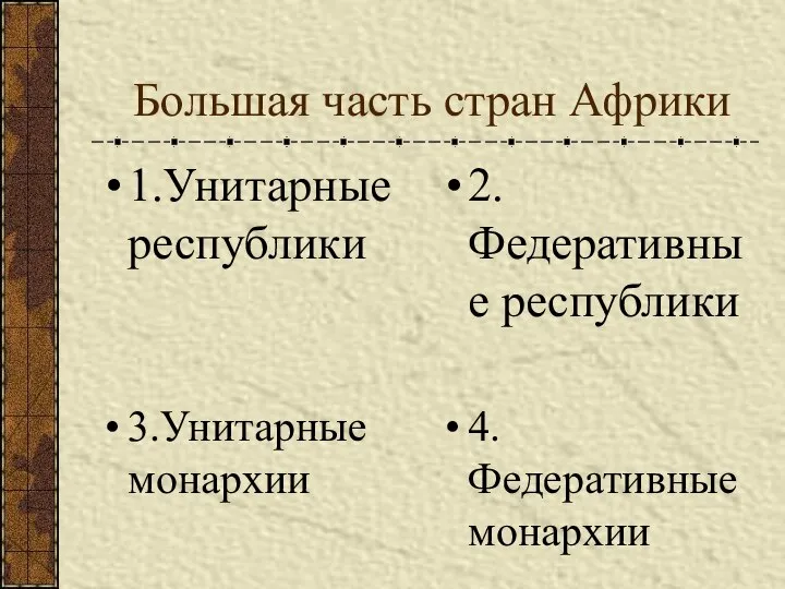 Большая часть стран Африки 1.Унитарные республики 2.Федеративные республики 3.Унитарные монархии 4.Федеративные монархии