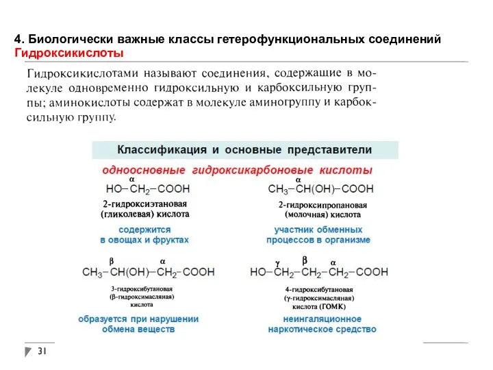 4. Биологически важные классы гетерофункциональных соединений Гидроксикислоты