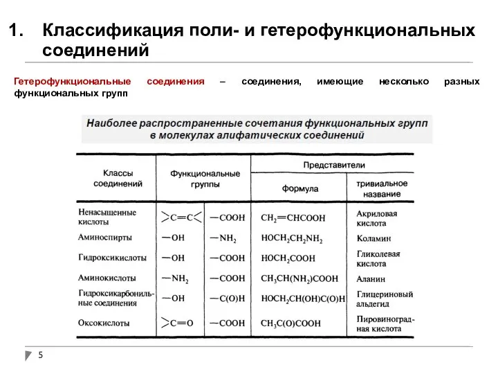 Классификация поли- и гетерофункциональных соединений Гетерофункциональные соединения – соединения, имеющие несколько разных функциональных групп