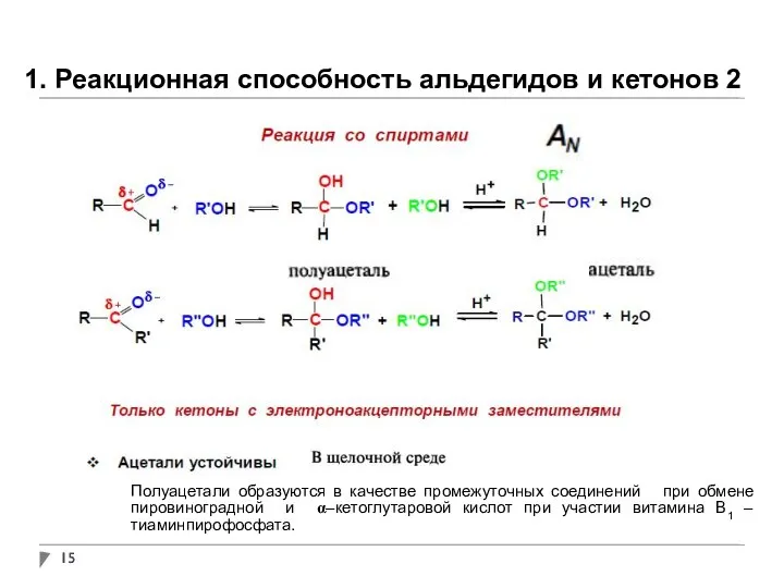 1. Реакционная способность альдегидов и кетонов 2 Полуацетали образуются в качестве