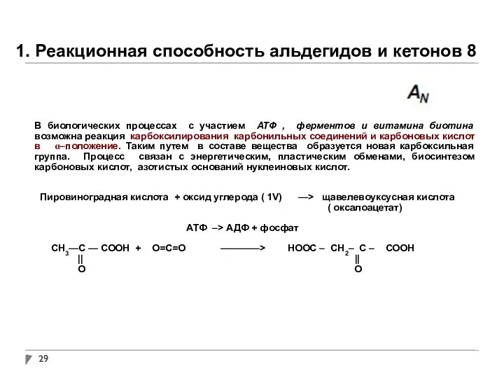 1. Реакционная способность альдегидов и кетонов 8 В биологических процессах с