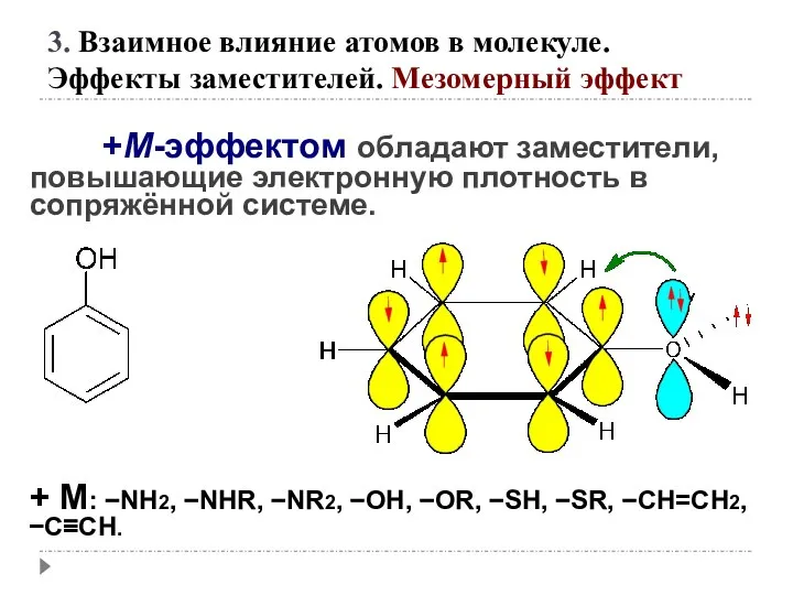 +М-эффектом обладают заместители, повышающие электронную плотность в сопряжённой системе. + М: