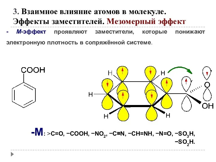 - М-эффект проявляют заместители, которые понижают электронную плотность в сопряжённой системе.