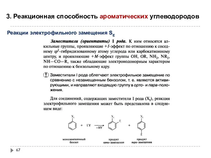 3. Реакционная способность ароматических углеводородов Реакции электрофильного замещения SE