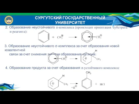 СУРГУТСКИЙ ГОСУДАРСТВЕННЫЙ УНИВЕРСИТЕТ 4. Образование продукта за счет образования π-устойчивого комплекса: