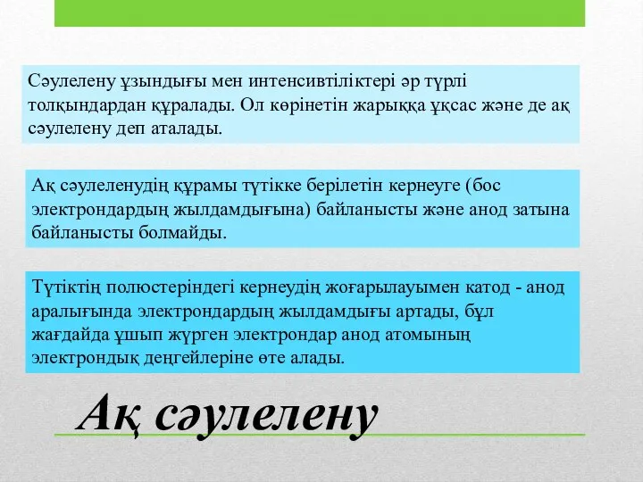 Сәулелену ұзындығы мен интенсивтіліктері әр түрлі толқындардан құралады. Ол көрінетін жарыққа