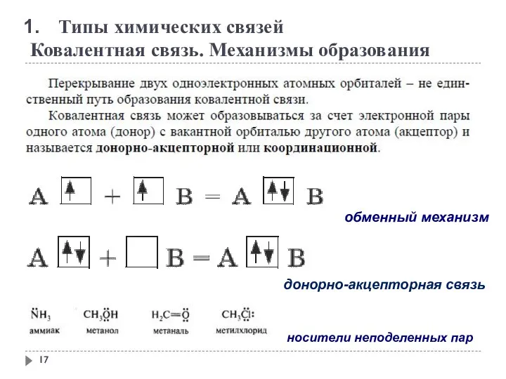 Типы химических связей Ковалентная связь. Механизмы образования обменный механизм донорно-акцепторная связь носители неподеленных пар