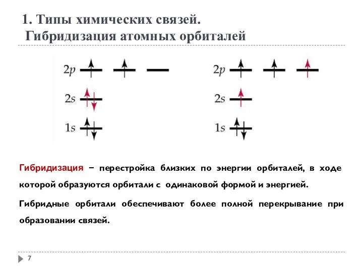 . Гибридизация − перестройка близких по энергии орбиталей, в ходе которой