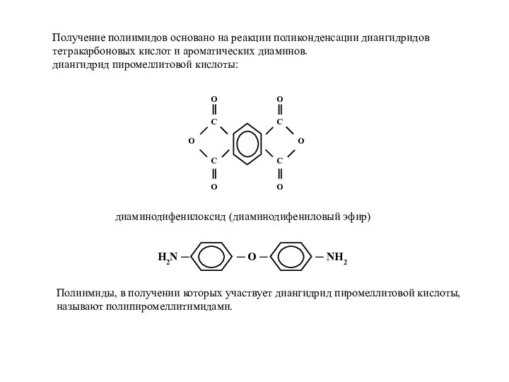 Получение полиимидов основано на реакции поликонденсации диангидридов тетракарбоновых кислот и ароматических