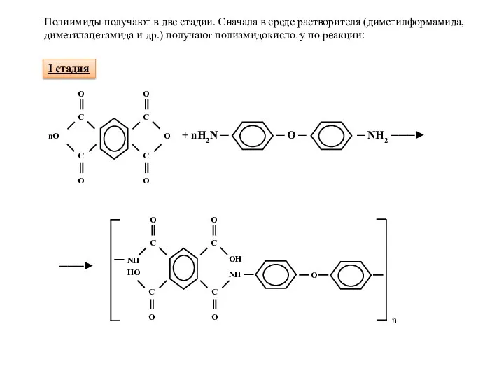 I стадия Полиимиды получают в две стадии. Сначала в среде растворителя