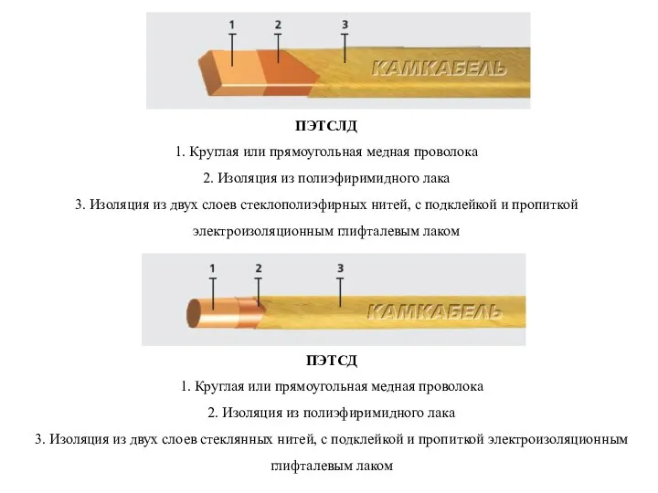 ПЭТСЛД 1. Круглая или прямоугольная медная проволока 2. Изоляция из полиэфиримидного