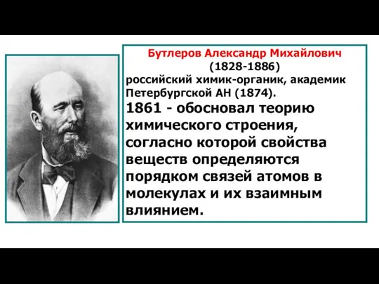 Бутлеров Александр Михайлович (1828-1886) российский химик-органик, академик Петербургской АН (1874). 1861