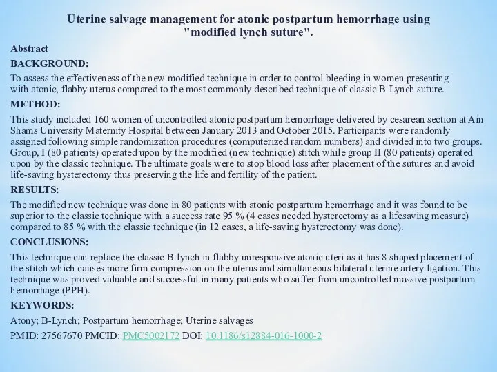 Uterine salvage management for atonic postpartum hemorrhage using "modified lynch suture".