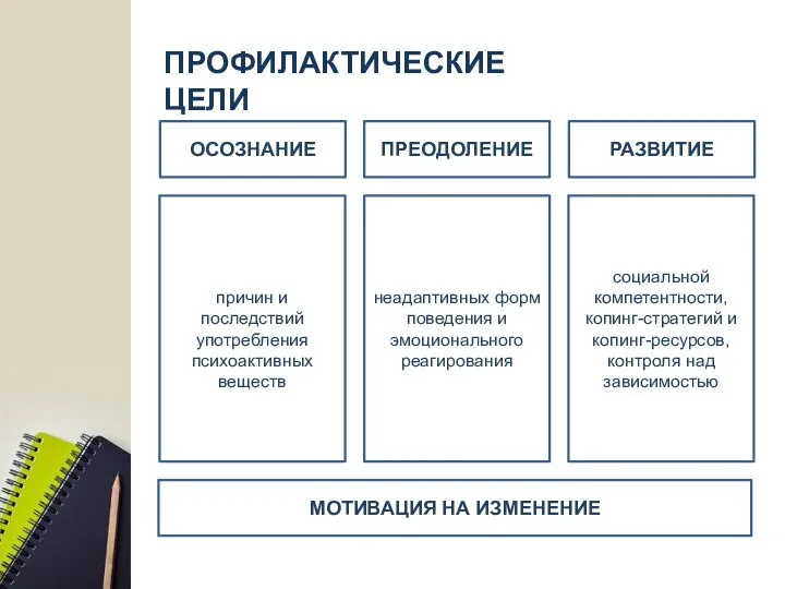 ПРОФИЛАКТИЧЕСКИЕ ЦЕЛИ ОСОЗНАНИЕ ПРЕОДОЛЕНИЕ РАЗВИТИЕ причин и последствий употребления психоактивных веществ