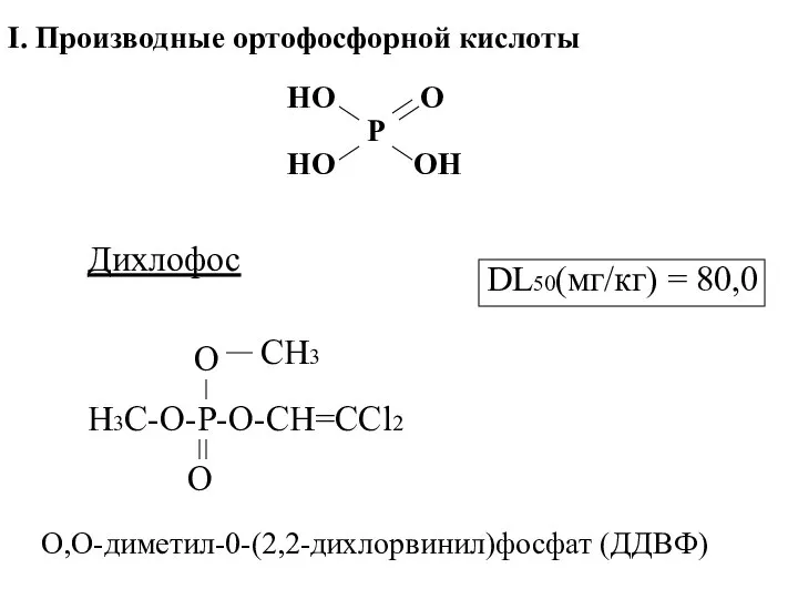 I. Производные ортофосфорной кислоты Р ОН О НО НО Дихлофос H3C-O-P-O-CH=CCl2