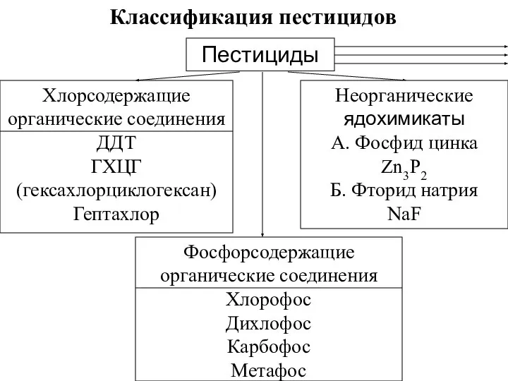 Пестициды Хлорсодержащие органические соединения ДДТ ГХЦГ (гексахлорциклогексан) Гептахлор Фосфорсодержащие органические соединения