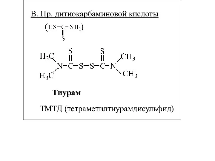 В. Пр. дитиокарбаминовой кислоты ТМТД (тетраметилтиурамдисульфид) Тиурам