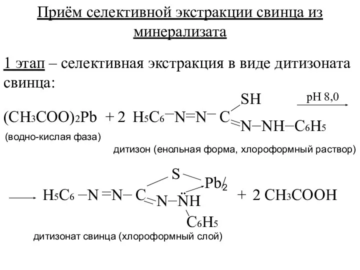 Приём селективной экстракции свинца из минерализата 1 этап – селективная экстракция