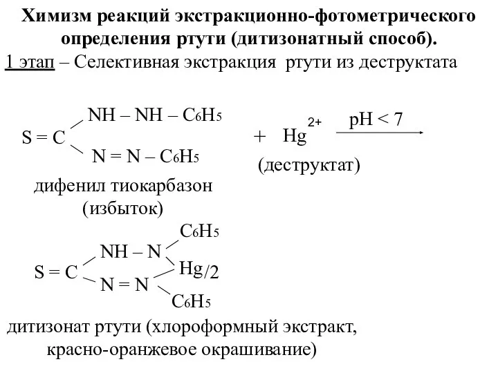 Химизм реакций экстракционно-фотометрического определения ртути (дитизонатный способ). 1 этап – Селективная