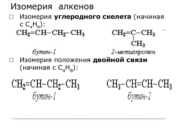 Изомерия алкенов Изомерия углеродного скелета (начиная с С4Н8): Изомерия положения двойной связи (начиная с С4Н8):