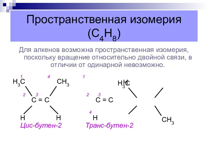 Пространственная изомерия (С4Н8) Для алкенов возможна пространственная изомерия, поскольку вращение относительно