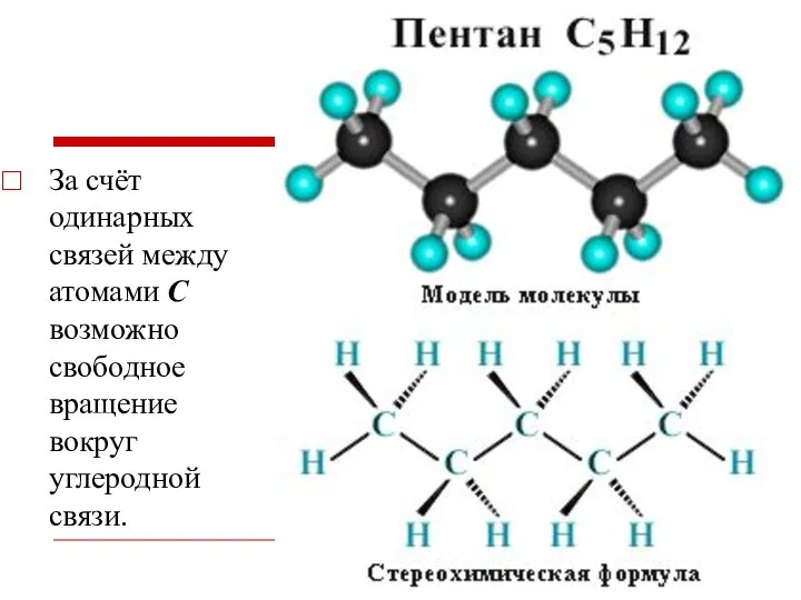 За счёт одинарных связей между атомами С возможно свободное вращение вокруг углеродной связи.