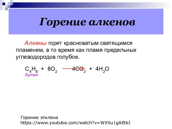 Горение алкенов Алкены горят красноватым светящимся пламенем, в то время как