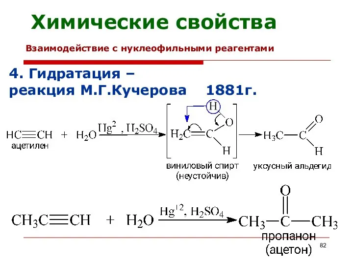 Химические свойства 4. Гидратация – реакция М.Г.Кучерова 1881г. Взаимодействие с нуклеофильными реагентами