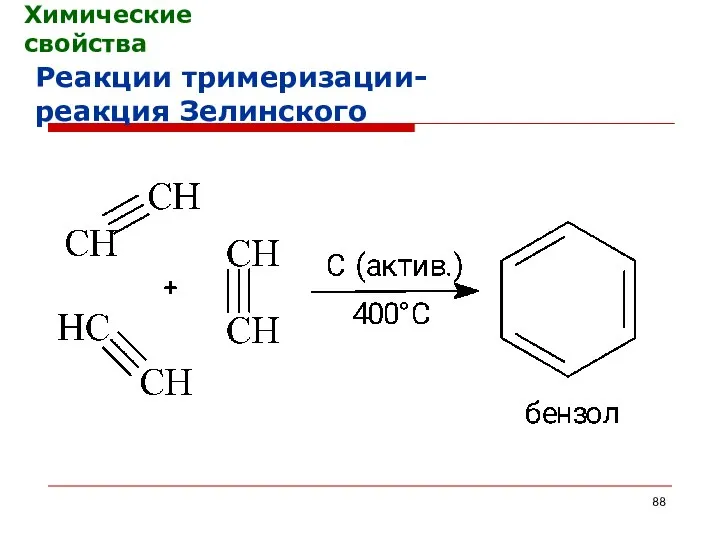 Химические свойства Реакции тримеризации- реакция Зелинского