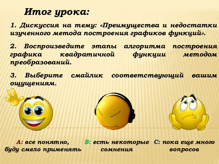 Итог урока: 1. Дискуссия на тему: «Преимущества и недостатки изученного метода